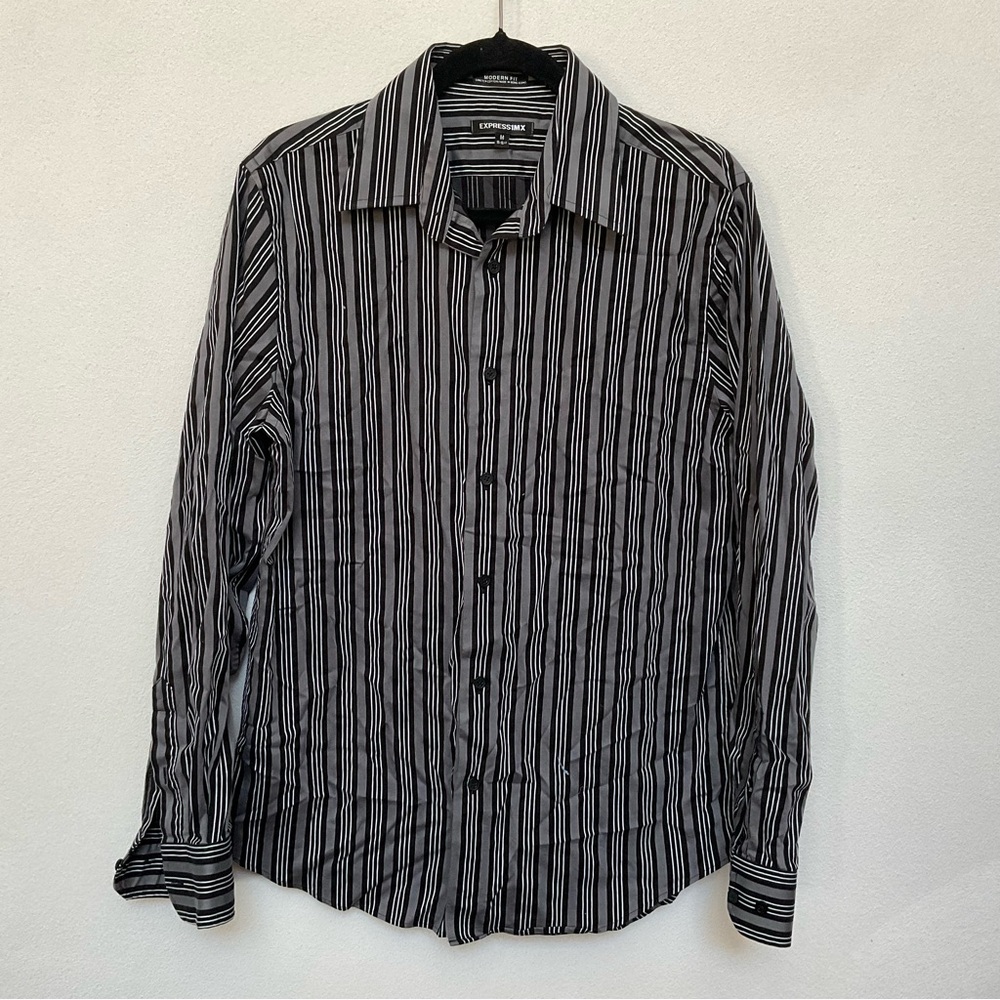 Express Max Black, White, Grey Striped Button Down Long Sleeve Size Medium Mens